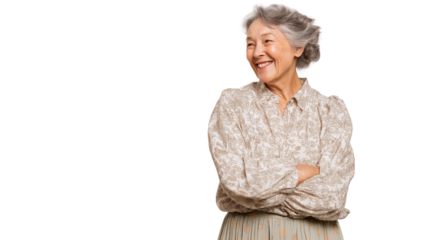 Smiling elderly woman with crossed arms looking away  isolated on transparent white background