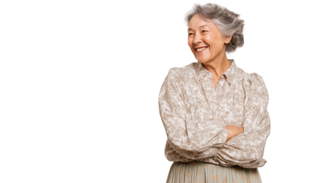 Smiling elderly woman with crossed arms looking away  isolated on transparent white background