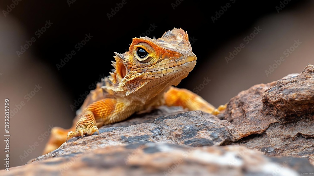 Poster close-up of an orange lizard on a rock, dark background. the lizard is in sharp focus, showing intri