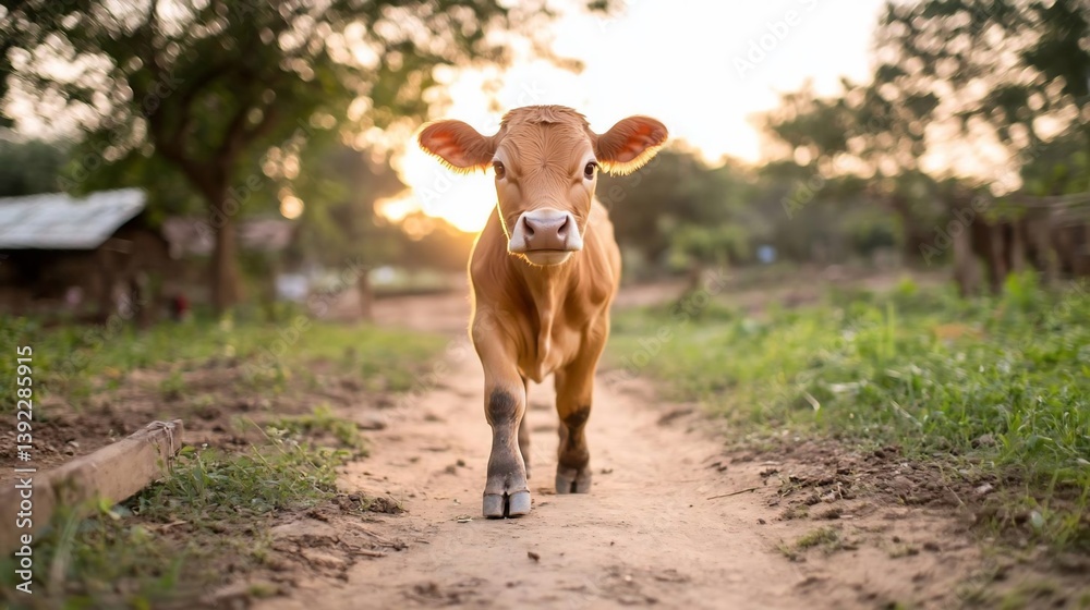 Poster a young calf walks toward the camera on a dirt path, set against a backdrop of lush greenery and a r