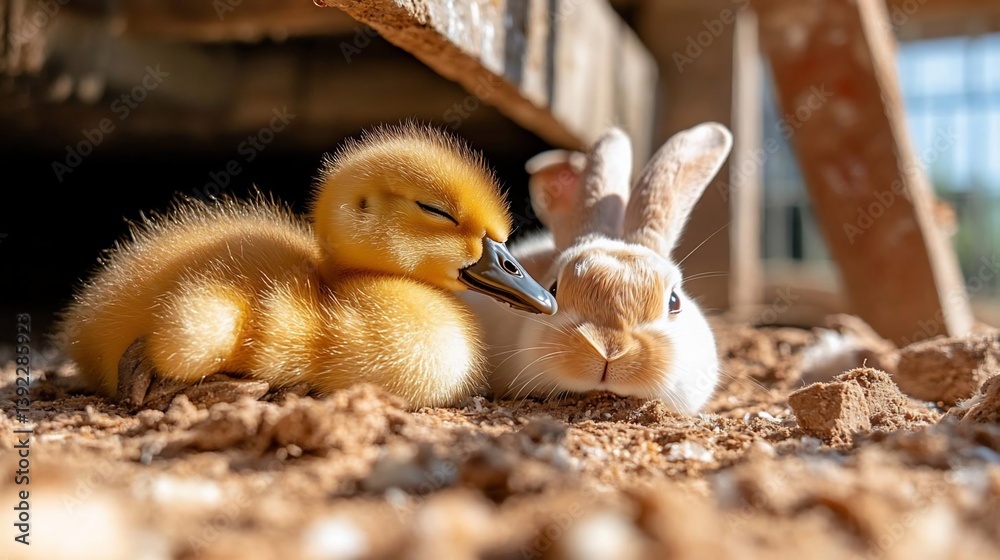 Poster close-up of a fluffy yellow duckling nestled next to a white rabbit on the ground. warm sunlight ill