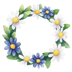 Obraz premium A beautiful floral wreath featuring white daisies and blue blossoms, surrounded by vibrant green leaves, ideal for decorative purposes or seasonal celebrations.