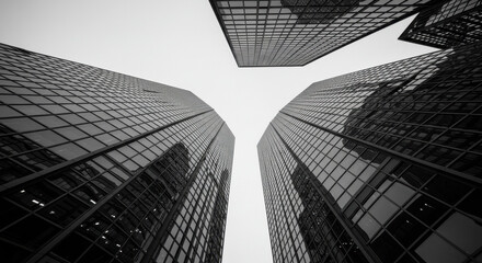 Fototapeta premium Skyscrapers Above: Black & White Architectural Majesty, Glass Reflections, Urban Grandeur, Cityscape, Modern Towers, Building Views