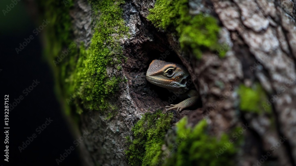 Aufkleber Close-up view of a small lizard peeking from a hole in a moss-covered tree trunk. The lizard is brown and orange, the tree bark is dark brown and textured, and vibrant green moss grows around the