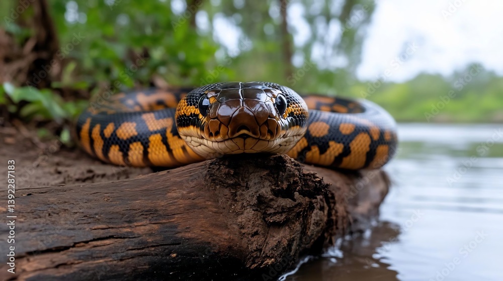 Poster close-up view of a black and orange snake coiled on a dark brown log near the water's edge, with lus