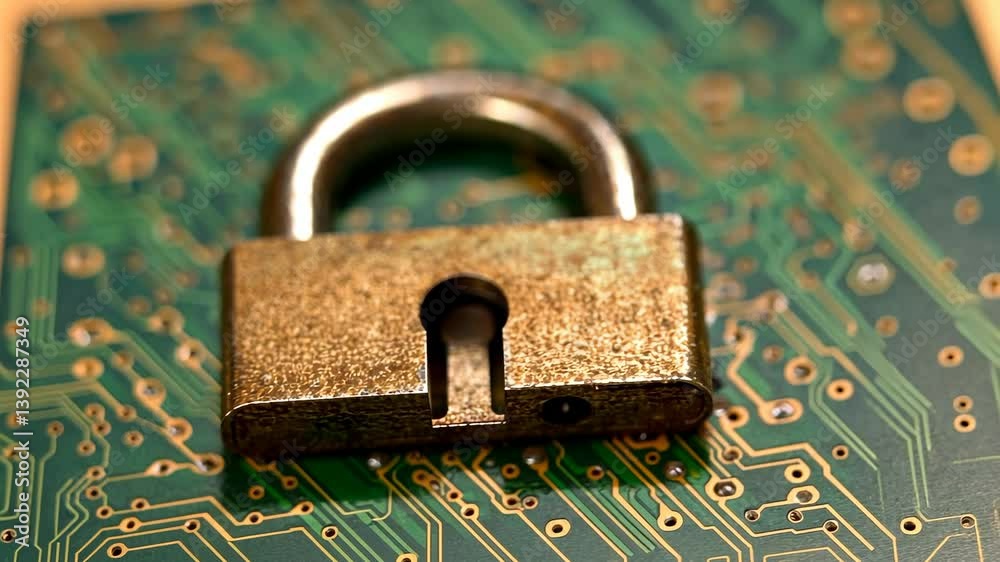 Poster metallic padlock resting atop a green computer circuit board with intricate golden patterns suggesti