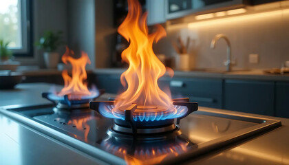 Burning Gas Stove in Modern Kitchen for Cooking and Heating