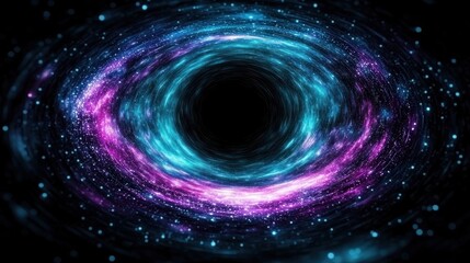 Obraz premium A vibrant swirling nebula surrounds a dark cosmic black hole in deep space, a mesmerizing astronomical phenomenon.