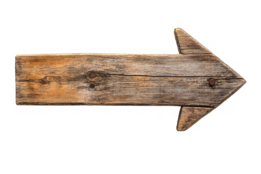 Rustic wooden arrow sign with weathered planks and natural wood grain, isolated on white background with minimalist markers