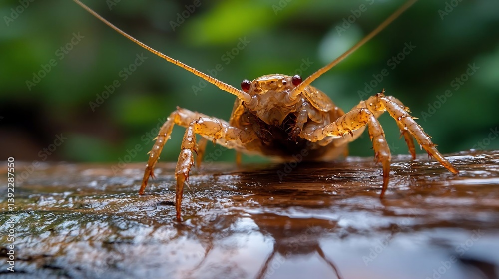 Poster close-up of a small, translucent brown crustacean on a wet, dark brown log. the creature is sharply 