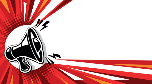 Important message attention. Loudspeaker, megaphone with lightings on red background. Vector template for copy you text in pop art style