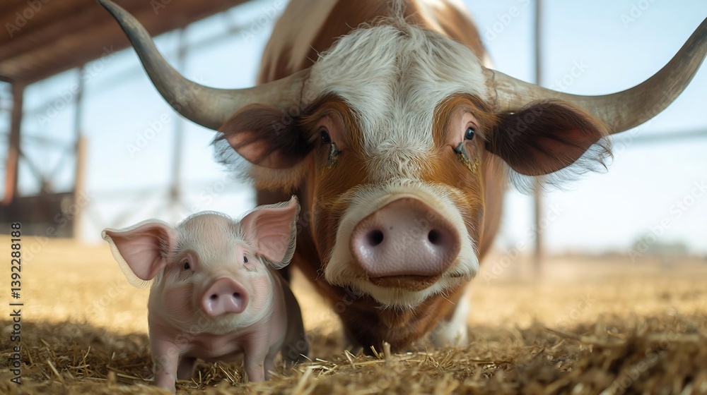 Poster Close-up view of a curious piglet and a cow standing together in a barn. The animals are looking directly at the camera, set against a background of hay