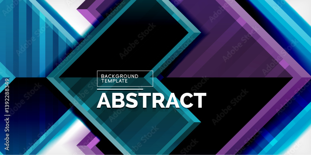 Poster Dark background with vibrant purple, blue geometric shapes. Modern design, abstract lines create dynamic visual effect. Text reads ABSTRACT above BACKGROUND TEMPLATE.