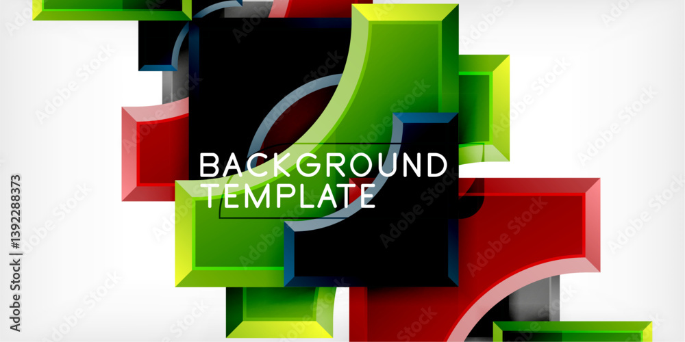 Poster bright abstract design. geometric shapes overlap, creating dynamic composition. red, green, yellow, 