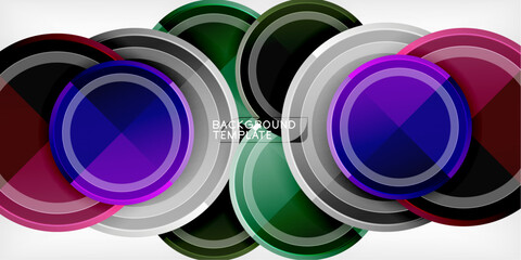 Abstract circles overlap, creating vibrant geometric design. Purple, green, red, blue, gray shades blend. Modern, dynamic composition.