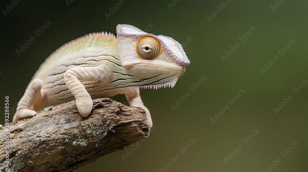 Poster close-up of a small, light-green chameleon perched on a dark brown branch against a blurred green ba