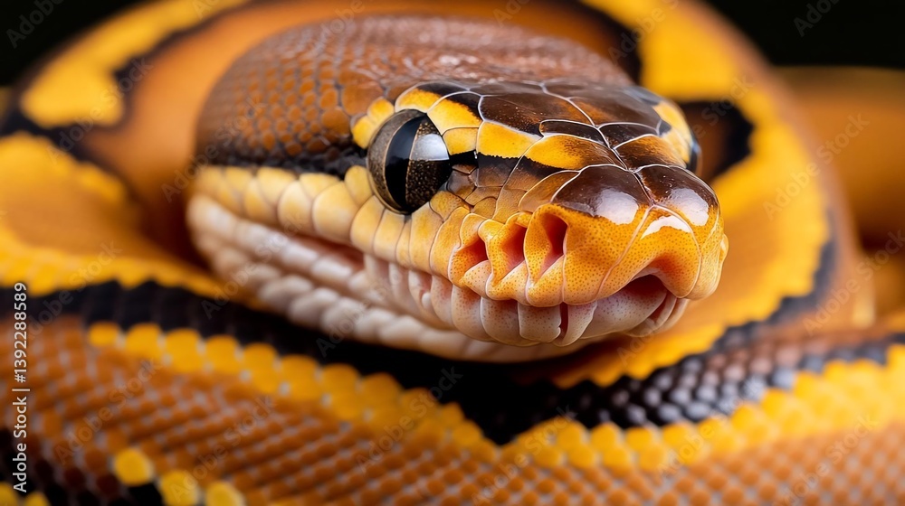Poster close-up of a ball python's head and upper body. the snake is predominantly orange and brown with bl
