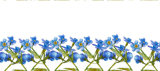 Horizontal seamless floral pattern. Beautiful blue forget-me-nots flowers seamless Horizontal border. Watercolor hand painting illustration isolated on white background for printing, textile