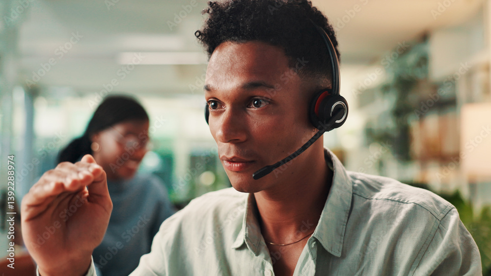 Poster Call center, explain and headset with man in office for assistance, consulting or help. Contact us, customer service and problem solving with hand gesture of virtual assistant at work for crm support