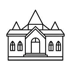 This vector illustration shows a cartoon church icon, possibly the Church of the Holy Cross, with a distinct roof and window design as a religious building symbol
