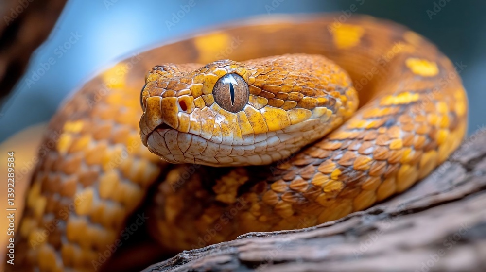 Poster Close-up of a coiled yellow snake with intricate patterns, resting on dark brown wood.  The snake's eyes are sharp and focused, creating an intense image. The lighting highlights the texture of the