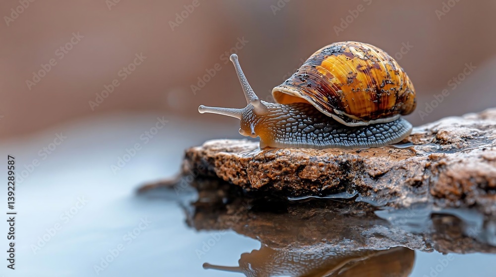 Poster close-up of a snail with a brown and yellow shell on a wet rock near water. the snail is in focus, w