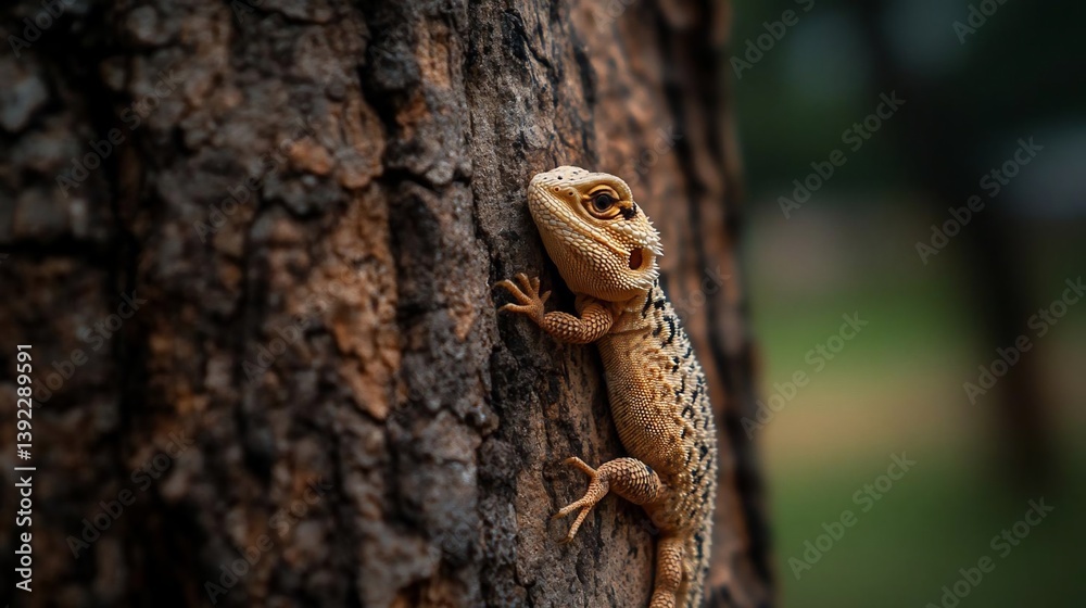 Poster close-up of a small, light brown lizard clinging to a dark brown tree trunk. the background is blurr