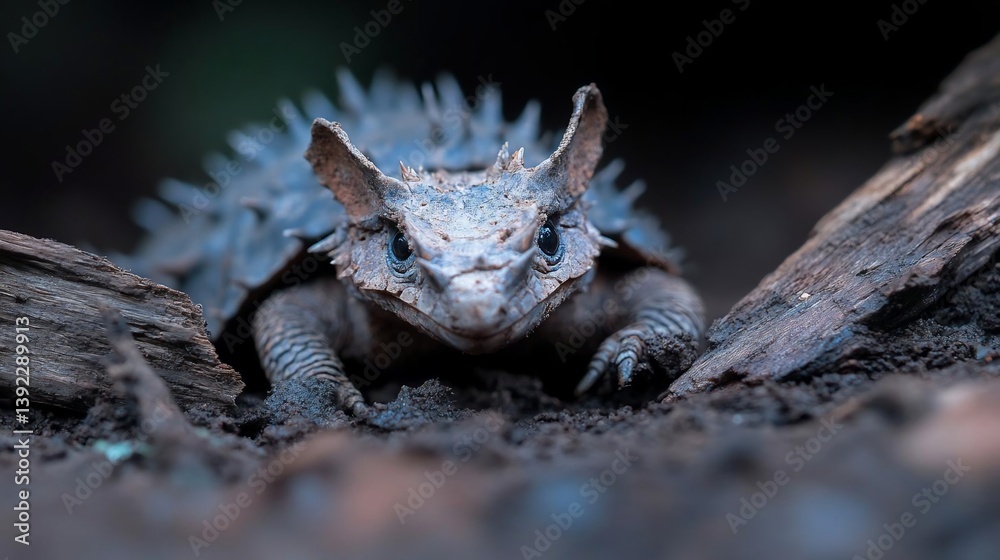 Poster Close-up of a thorny lizard on dark soil. The lizard is predominantly gray-brown, with visible scales and spikes.  Low-light conditions create a dramatic effect