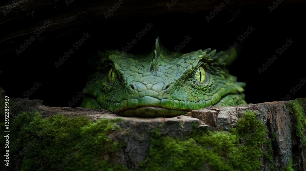 Poster Close-up of a vibrant green reptile's head emerging from a dark, moss-covered log. The reptile has a textured skin and intense eyes, creating a mysterious and captivating image