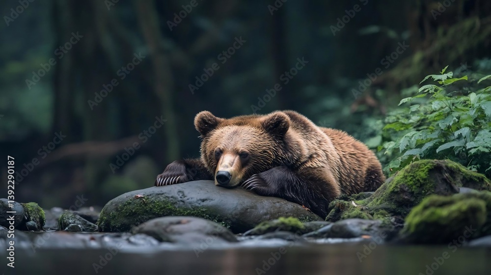 Poster brown bear resting on mossy rocks beside a calm stream in a lush green forest. soft natural light il
