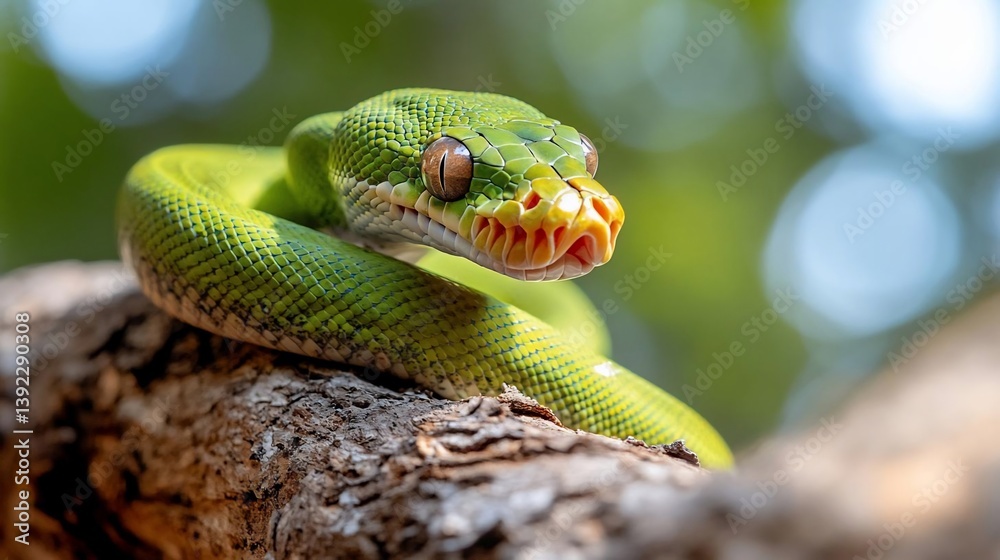 Poster close-up of a vibrant green snake with orange markings coiled around a tree branch, set against a bo