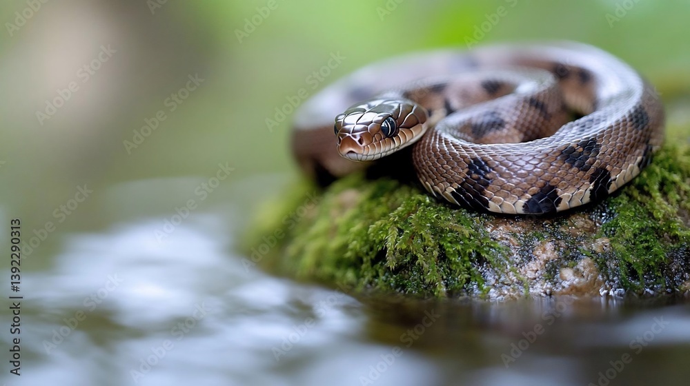 Poster close-up of a brown and black snake coiled on a moss-covered rock in a shallow stream. soft focus on