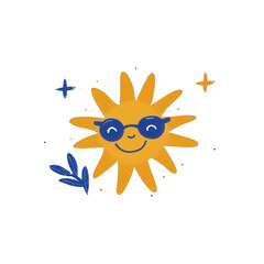 Fototapeta premium A cheerful and colorful sun character wearing sunglasses, radiating warmth and positivity, perfect for summer-themed designs, playful illustrations, and cheerful graphics.