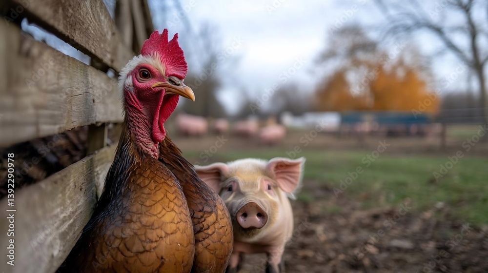 Poster close-up view of a rooster and a piglet together near a wooden fence, with a blurred background of a