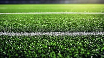 Top-down view of lush green grass texture ideal for sports backgrounds, showcasing detailed and uniform pattern of well-maintained soccer or football field lawn for design and surface mockups
