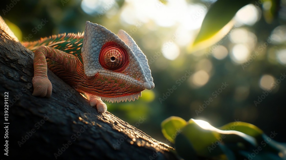 Aufkleber close-up of a chameleon on a tree branch, illuminated by warm sunlight. the chameleon's skin display