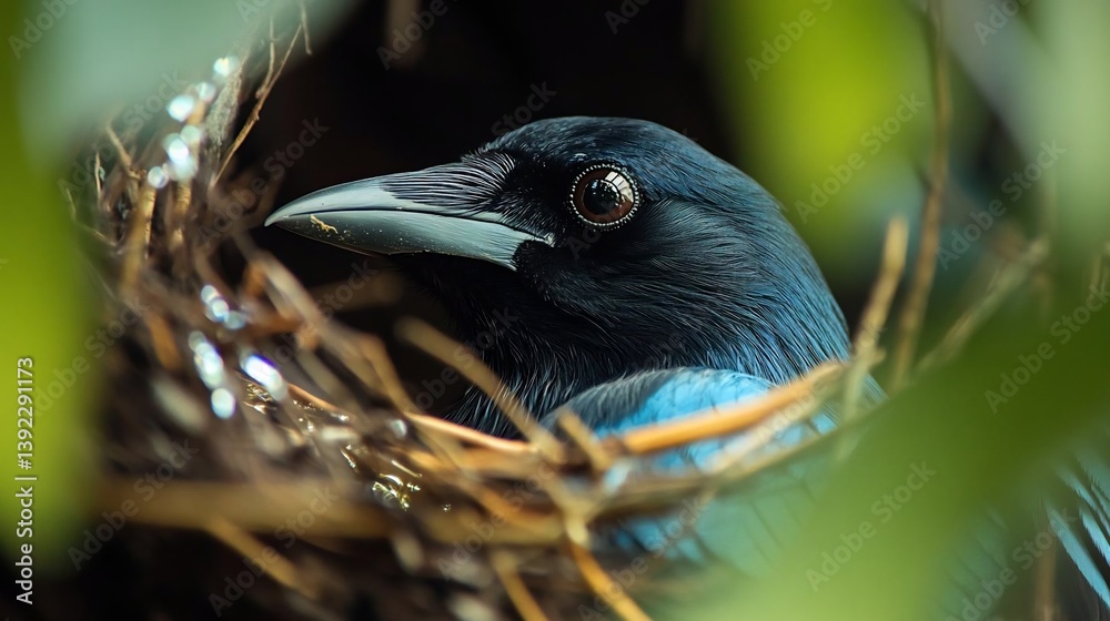 Poster close-up view of a dark-blue bird nestled in its brown nest, partially obscured by vibrant green fol
