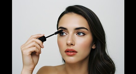 Obraz premium Woman Applying Mascara for Eyelash Enhancement and Achieving a Glamorous Look