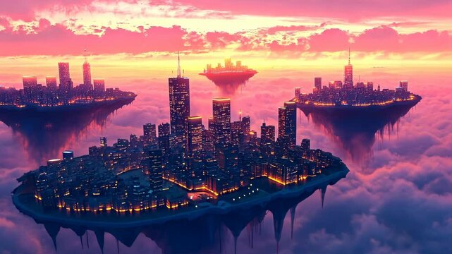 Floating futuristic cityscapes with illuminated skyscrapers surrounded by clouds against a vibrant sunset sky, fantasy urban islands and architecture