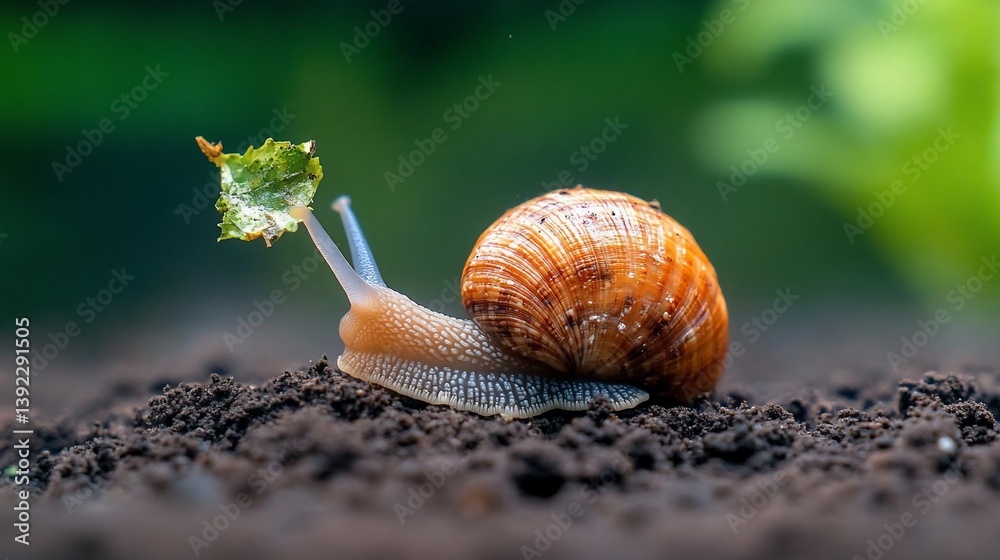 Poster close-up of a snail carrying a small green leaf on its back, crawling on dark brown soil with a blur