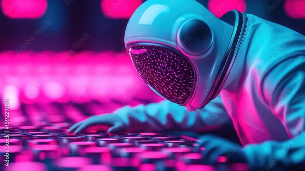 Poster a futuristic astronaut intensely works on a complex glowing control panel in a vibrant neon lit labo