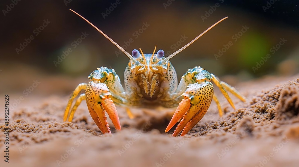 Aufkleber close-up of a crayfish on a sandy surface. the crayfish is predominantly blue-green with orange claw