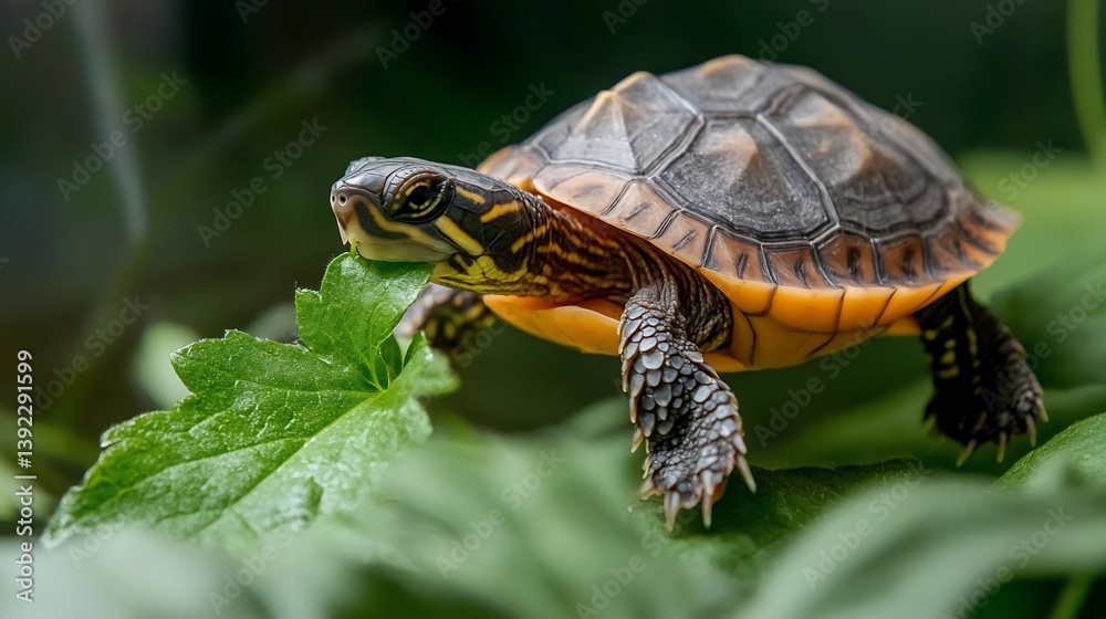 Poster Close-up of a small turtle with an orange and brown shell eating a green leaf. The turtle is in focus, while the background is blurred