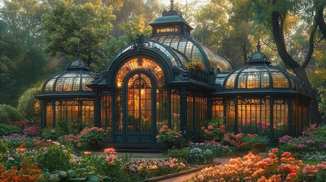 Ornate glass conservatory amidst vibrant blooming flowers at sunrise.