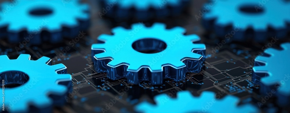 Fototapete Blue cogwheels on a circuit board represent complex technology and intricate machine processes.