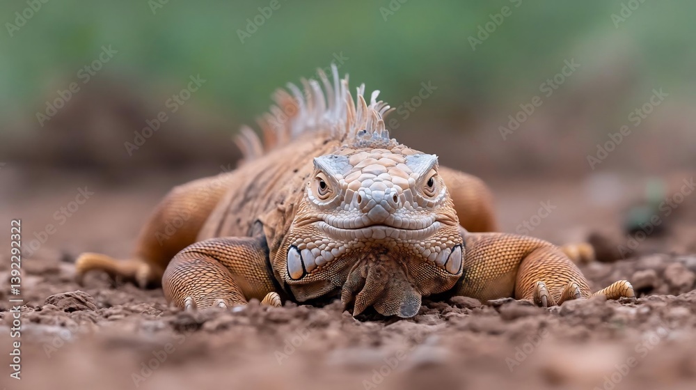 Poster close-up view of a light brown iguana on the ground, looking directly at the camera. the iguana has 