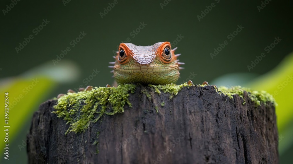 Poster close-up of a small lizard with orange and green scales perched on a mossy log against a blurred gre