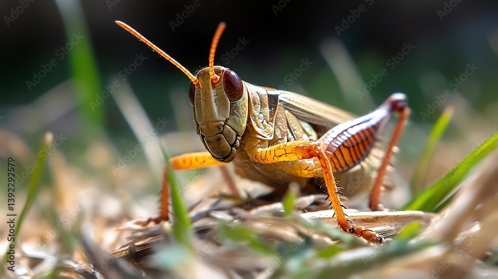 Poster close-up of a grasshopper in a grassy field, showcasing its detailed features and vibrant colors. th