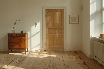 Warm sunlight streams into a cozy room with wooden floors and minimalistic decor in a serene atmosphere
