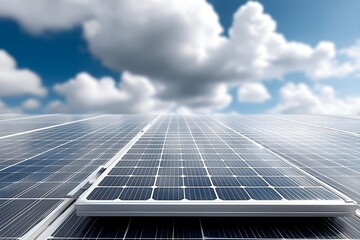 Close-up of solar panels under a cloudy sky